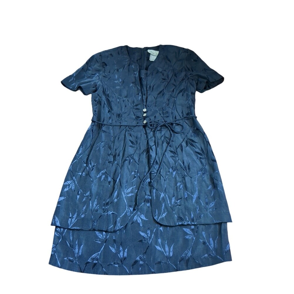 Vintage Lisa Jo 90's Navy Blue Dress With Plant Pattern. Layered Jacket Look